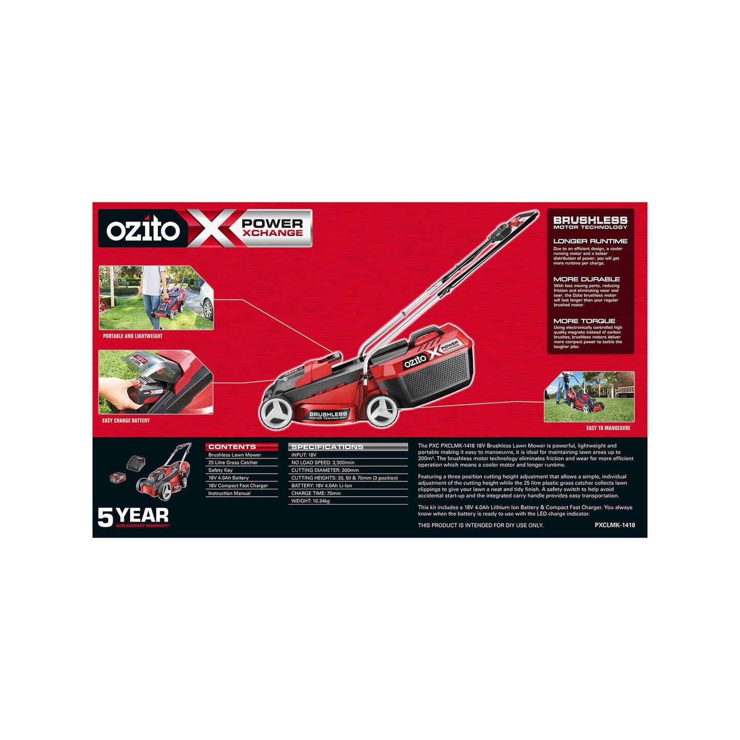 Cordless Lawn Mower Ozito PXC 18V Brushless Motor Grass Trimmer Battery Charger