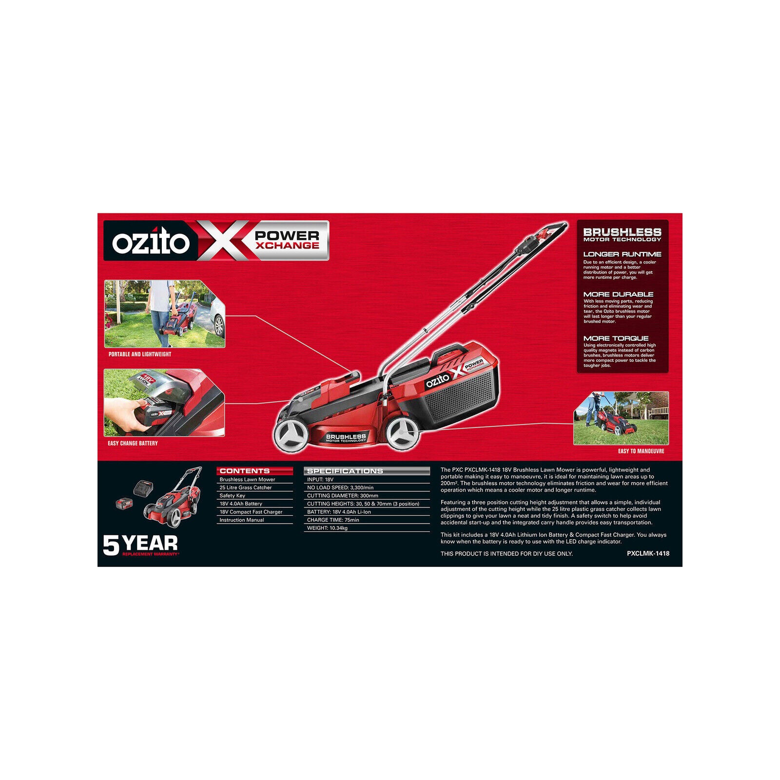 Cordless Lawn Mower Ozito PXC 18V Brushless Motor Grass Trimmer Battery Charger