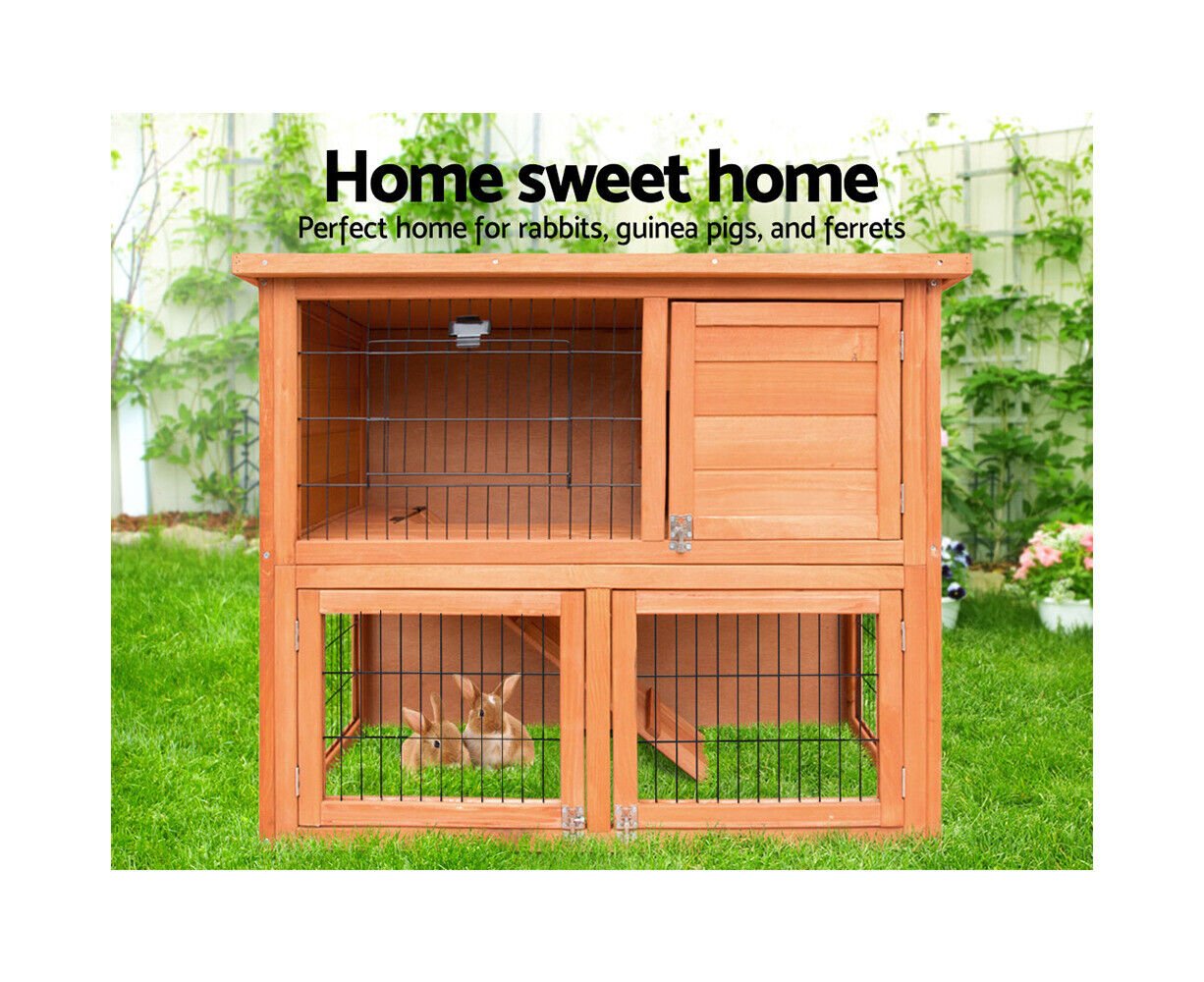 Rabbit Hutch Guinea Pig Cage 2 Storey Wooden Pet Home Hinged Lid Stand Fir Wood