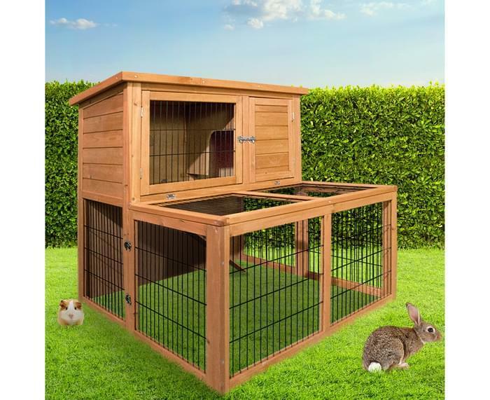 Rabbit Hutch with Run Wooden Pet Chicken Coop Cage Ferret Guinea Pig House 100cm