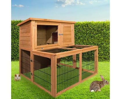 Rabbit Hutch with Run Wooden Pet Chicken Coop Cage Ferret Guinea Pig House 100cm