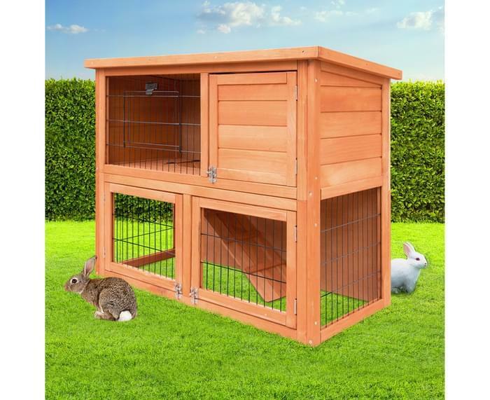 Rabbit Hutch Guinea Pig Cage 2 Storey Wooden Pet Home Hinged Lid Stand Fir Wood