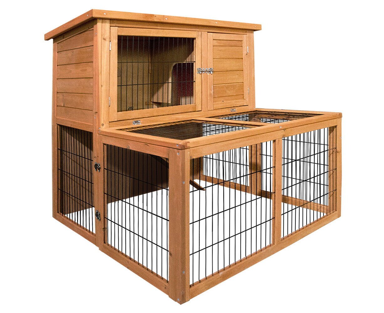 Rabbit Hutch with Run Wooden Pet Chicken Coop Cage Ferret Guinea Pig House 100cm